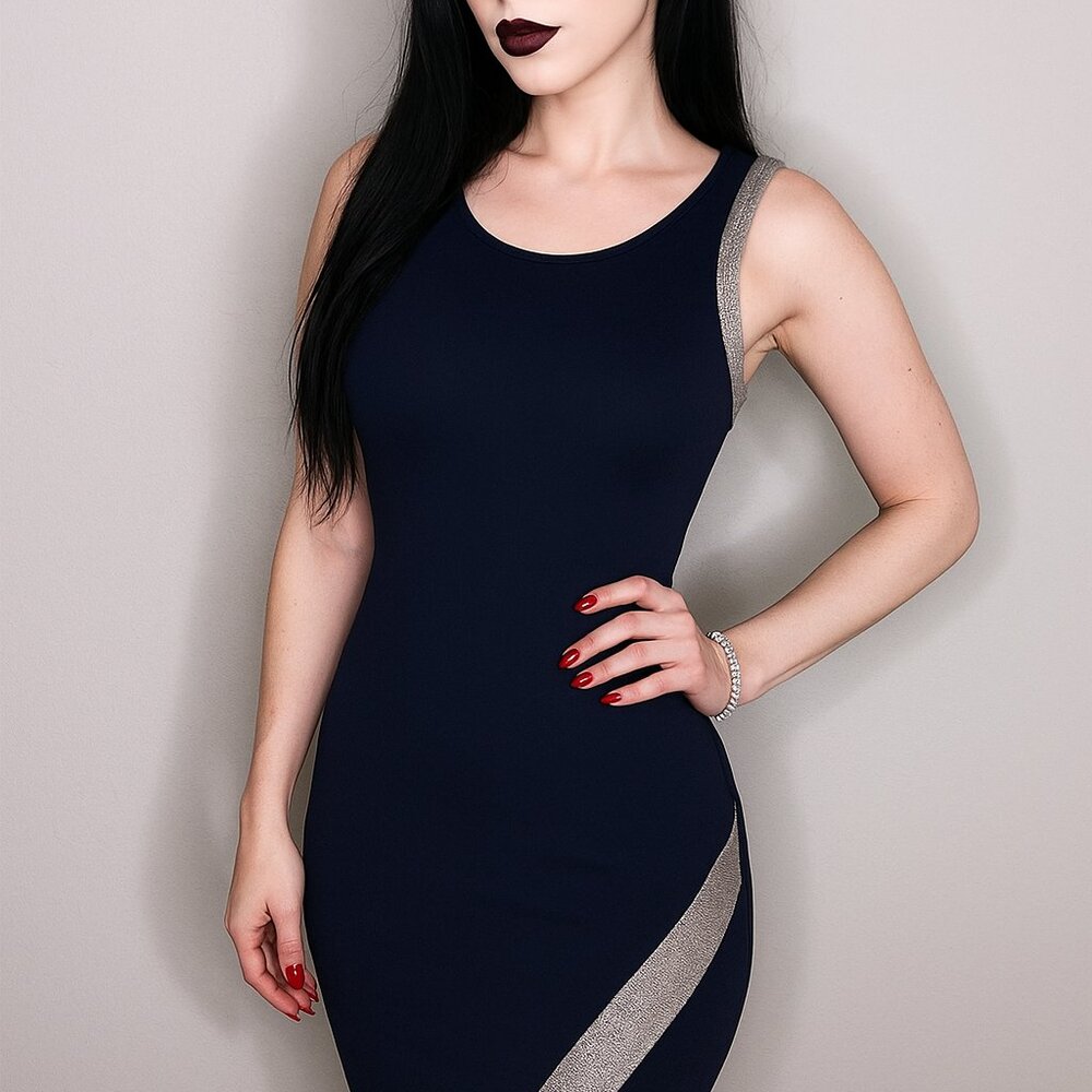 Cameo Bodycon Shift Dress Navy Blue Silver Trim